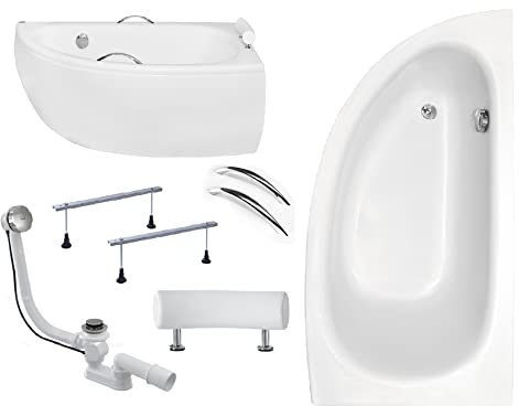 BADLAND Badewanne Original Acryl Wanne Eckbadewanne MILENA PREMIUM 150x70 KOMPLET SET mit Weiß Acrylschürze + Handgriffen Kopfstütze Füßen und Exklusive Chrom Automatik Ablaufgarnitur Made in EU 6in1