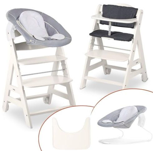 hauck Hochstuhl Beta+ Newborn Set - Babyhochstuhl Set ab Geburt mit 2in1 Neugeborenen Aufsatz Bouncer, Sitzpolster und Essbrett - Weiß