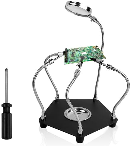 JOLIGAEA Troisième Main à Souder, Aide à Souder avec 4 Bras Flexibles & Loupe 3X, Outil de Support de Circuit Imprimé à Souder, 3eme Main Soudure pour Réparation Électronique, Soudure, Artisanat