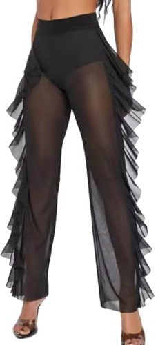 MIZSPISE Pantalon Évasé Transparent pour Femme Jambe Large Plage en Maille Transparente Bikini Élastique Volants Taille Haute Long (FR/ES, Alpha/Lettres, M, Taille Normale, Taille Normale, Noir)