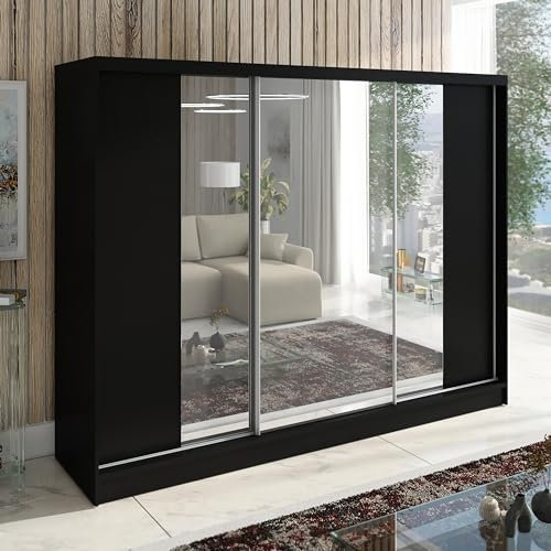 A&J MöbelLand Schwebetürenschrank VIDA, 3-türig Kleiderschrank 200cm mit 4 Schubladen, und Spiegel, Garderobe 200 cm (Schwarz)