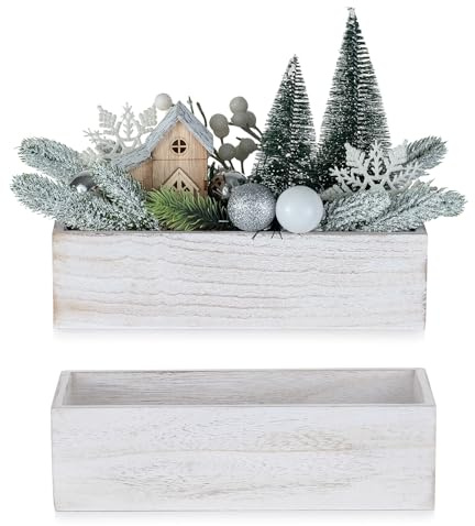 NUPTIO Centros de Mesa de Madera Caja: 2 Piezas 30cm Centro de Mesa de Flores Rectangular Florero Blanco Rústico Cajas Largas para Boda Fiesta Navidad Decoraciones