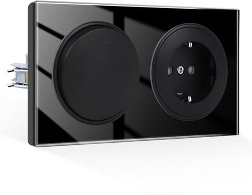 CNBINGO Kipplichtschalter mit Schuko Steckdose Unterputz, Wandsteckdosen mit Gehärtete Glas Platte, 1 Fach 1 Weg Lichtschalter, Schwarz