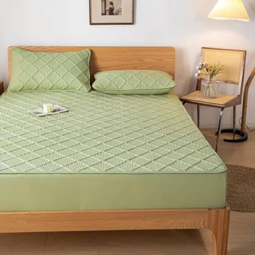Mesnt Spannbetttuch 150x200, Polyester-Baumwolle Gitter strukturiert Bettwäsche Spannbetttuch MatratzenüBerzug, Hell-Olivgrün