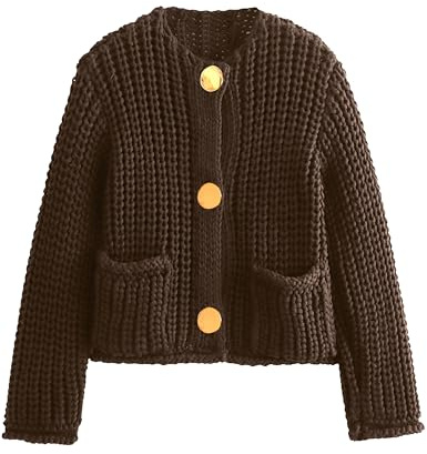 Hvewarm Womens Fall Chunky Knit Cardigan Gold Button Down Long Sleeve Crop Crochet Sweater, Coffee, M