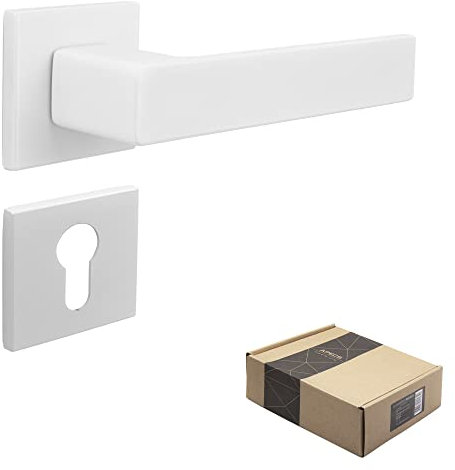 APECS Poignées de porte intérieures modernes pour porte d'entrée avec rosaces carrées - Blanc mat - Avec matériel de fixation - Modèle Regulus PZ - Cylindre profilé