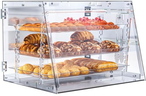 Commercial Countertop Bakery Display Case- Thickened Large Pastry Display Case with Bread Tong - 3 Tray Adjustable Bread Box for Bread,Cake and Cookie, 22.2 x 17.7 x 16