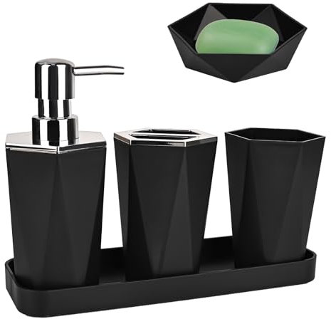 elthmpr Juego de 5 piezas, vaso para cepillos de dientes, negro, vaso para cepillo de dientes, soporte para cepillo de dientes, jabonera, bandeja de maquillaje, juego de accesorios decorativos