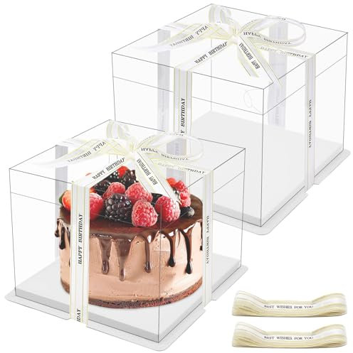 Druuzyl 2pcs Boîte à Gâteaux Transparente 24x24x18cm - Double Couche avec Base & Ruban, Boîte Cadeau Plastique pour Boulangerie/Dessert, Transport Sécurisé pour Anniversaire/Mariage