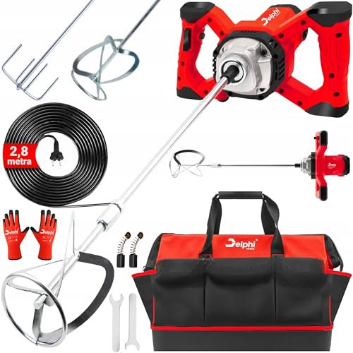 Delphi Mélangeur électrique 2600 W avec 2 agitateurs, 6 vitesses, pour colle, béton, peinture, plâtre avec sac et accessoires M14 940 tr/min