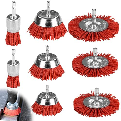 Set di 8 spazzole in filo di nylon, con manico esagonale da 1/4 (6,35 mm), 8 misure in nylon per la rimozione, set di spazzole abrasive da ruggine e corrosione (rosso, 8)