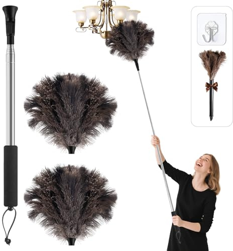 Nicemiya Plumeau à Poussière Télescopique en Plumes d'autruche - S'étend Jusqu'à 170 Centimètres pour Atteindre Les Surfaces en Hauteur et Les Zones Délicates. Lavable et Résistant Aux Rayures