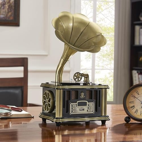 Gramophone Tourne-disque vinyle avec haut-parleurs intégrés, Bluetooth, AUX-IN, USB, FM, style classique pour les amateurs de musique vintage