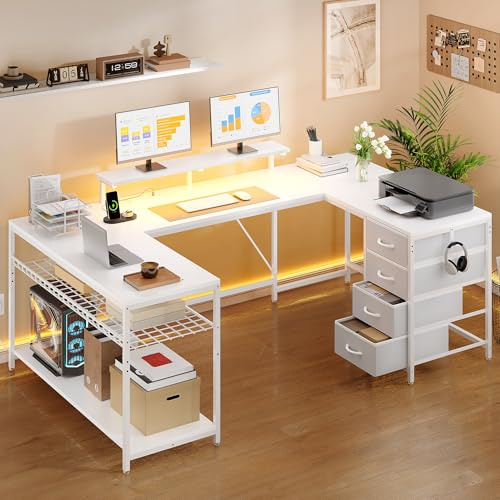 YITAHOME Escritorio esquinero con 4 cajones y Espacio de Almacenamiento, Escritorio para Videojuegos con LED y Soporte para Monitor para Oficina en casa, Escritorio de Esquina Reversible con 2