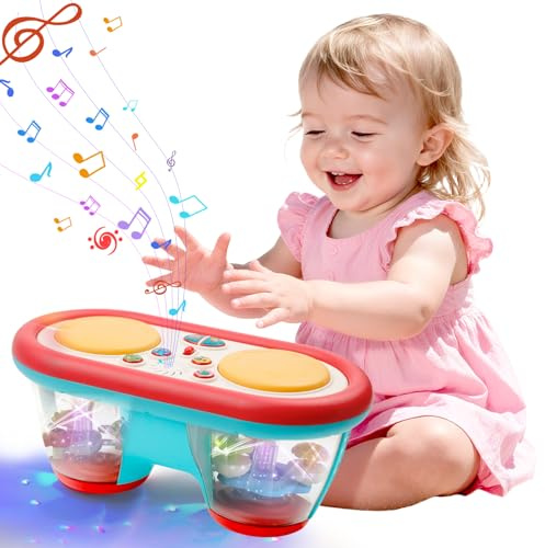 woollywink Giocattolo per Bambini 1 anno, Giocattolo Musicale Luminoso per Bambini 9 12 18 mesi + Cubo di Attività Strumento Musicale a Doppio Tamburo a Mano Regalo per Bambino 1 Anno +