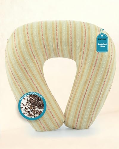 Edomi Buckwheat U Shaped Neck Pillow - 12''x12'' Adjustable Cervical Support Pillow with Breathable Buckwheat Hulls, Removable Cotton Cover, Ideal for Airplane, Office or Home Use (Khaki)