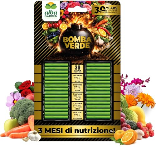 Albagarden - BOMBA VERDE - Concime in Bastoncini per Piante in Vaso Universale NPK 10-6-7 con Microelementi – Fertilizzante Lenta Cessione 3 Mesi – Per Piante Verdi e Fiorite – 30 pz
