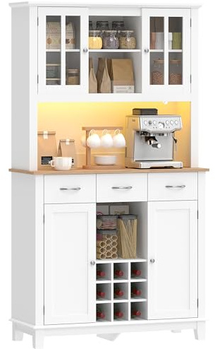 HOMCOM Alacena de Cocina con Iluminación LED Control por App Blanco | Armario Cocina Alta, Encimera para Microondas, Botellero, Puertas Vidrio, Estantes Abiertos, 3 Cajones, Estantes Ajustables