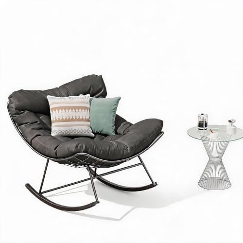 EuKer Fauteuil à bascule Papasan style œuf d’extérieur - Chaise lounge XXL - Coussin épais - Cadre métal robuste 175 kg - Pour jardin/patio/balcon - Noir + coussin gris - Coloris : Black plastic spray