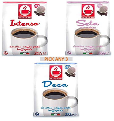 Bonini Coffee Pods, Senseo Compatible Pods. Pick Any 3 Packs (Each Pack 36 pods) from 3 Different Flavours Inc. Decaf, Intense, Seta (Total 108 Pods) - 100% Italian Coffee