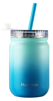 Murmioo Stainless Steel Straw Tumbler,Reusable Coffee Cup,Double Wall Vacuum Food Jar, Insulated Mason Jar,Travel Mug with Straw and Screw Sealed lid-for Smoothie/Salad 14oz Navy Light Blue Gradient