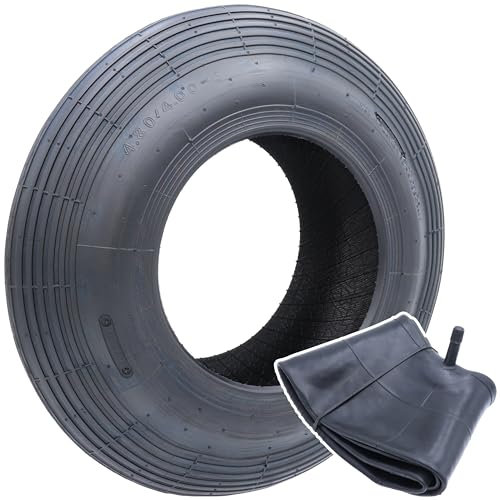 Agrarflora Schubkarren Reifen Set 4.80/4.00-8 - Mantel & Schlauch für Schubkarrenrad 400x100 - Ersatzreifen für Gartenkarre - Ersatzrad für Rasenmäher - 4PR Reifenset mit Rillenprofil
