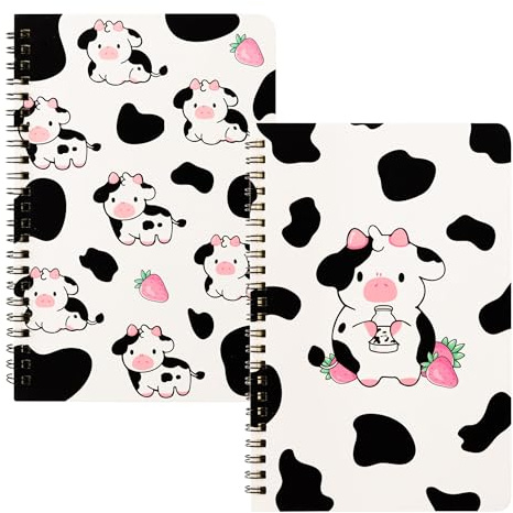 L1rabe 2P A5 Cow Spiral Notebooks Back to School Birthday Gifts Funny College Ruled Notepads Hardbound Spiral Exercise Book for Students Teachers Travel Journal Diary (Strawberry Cow)