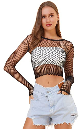 LEMON GIRL - Top da donna a rete a maniche lunghe, babydoll, taglia 38-48, Nero, taglia unica