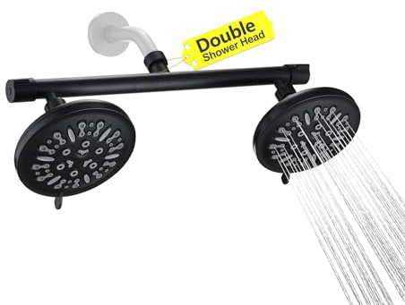Double Shower Head with Built-in 2 Shut Off Valve Shower Splitter, High Pressure 8 Setting Dual Shower Head, Perfect for Couples in Walk-in Bathroom or Singles in Bathtub Bathroom - Matte Black