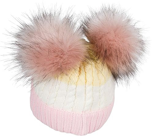 styleBREAKER Kinder Strick Bommelmütze 3-Farbig Gestreift, 2 Kunstfellbommel, Fleece Futter, 2-5 Jahre 04024204, Farbe:Rose-Creme-Gelb