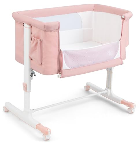 GYMAX 3-in-1 Baby Beside Crib with Height & Angle Adjustable (Pink)