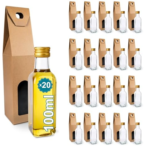 Espirito Rebelde 20 Botellas de Cristal 100 ml con Tapón de Rosca Dorado + 20 Cajas – Botellas Pequeñas para Aceite de Oliva, Vinagre, Alcohol, Salsas, Poción Mágica – Muestras