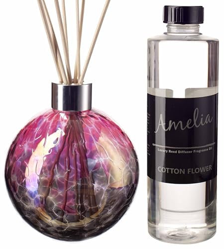 Amelia Art Glass Reed Diffuser Gift Set - Two Tone Pink & Grey with Cotton Flower Fragrance