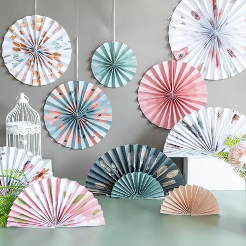 SUNBEAUTY 11 Stück Papier Fächer Hängend Party Dekoration Weiß Rosa Grün Papierfächer für Hochzeit Geburtstag Baby Shower Sommer Party Deko