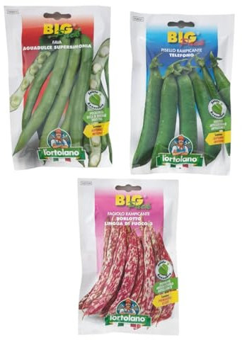 L'ORTOLANO-OFFERTA-3 BUSTE Di Semi Da Piantare-Fava, Fagiolo Rampicante Borlotto, Pisello Rampicante. Sementi Selezionate e di Alta Qualità. Buste Termosaldate.