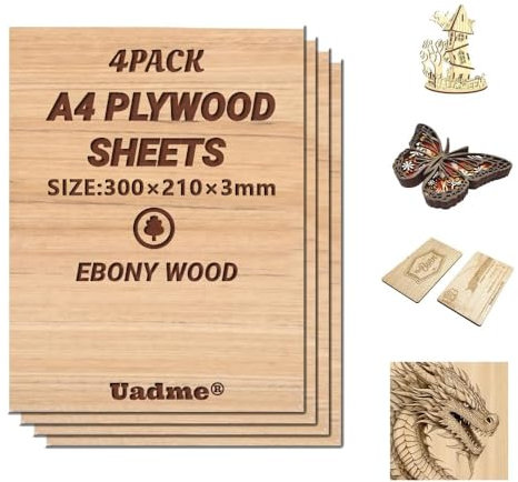 Uadme Compensato Incisione, Compensato di Ebano A4, 4 Pezzi 3mm Fogli di Legno Sottili, per Bricolage Pirografia Traforo Laser, 297 mm x 215 mm x 3 mm