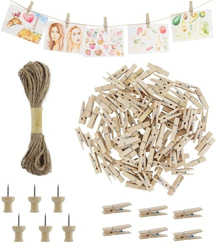 110 pinzas de madera, mini pinzas de la ropa, para manualidades, regalos de dinero, decoración para fotos, pinzas decorativas de madera, pequeñas pinzas con 10 clavos y 1 pieza de cuerda de yute de 10
