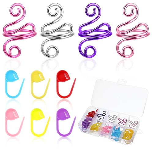 Ouligay 64 Stück Verstellbare Häkelringe Finger, Metall Häkel Ring, Tension Crochet Ring, Maschenmarkierer Häkeln, Strickring Finger, DIY Häkelring Finger Häkelzubehör mit Aufbewahrungs Box