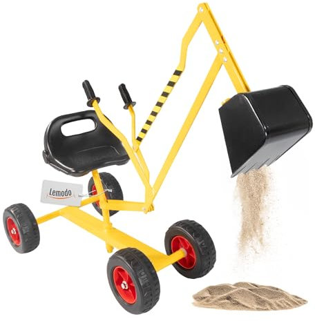 Lemodo Sitzbagger mit Reifen, Sandbagger 360° drehbar, Kinderbagger mit Schwenk- und Greiffunktion, Spielzeugbagger mit Schaufel, Kinderbagger mit Rädern, Kinder Sandspielzeug, Bagger für Sandkasten