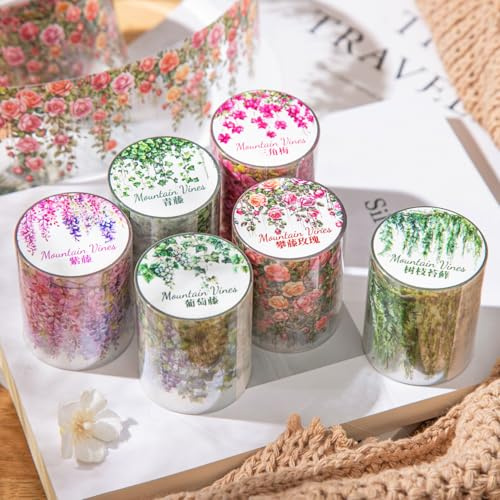 MisKepaa Adesivi Scrapbooking Tape with Fiori, 6 Rolls Flowers Scrapbook Stickers, PET Washi Tape Set for Scrapbooking, Junk Journaling, Bullet Journal, DIY Crafts, Painting