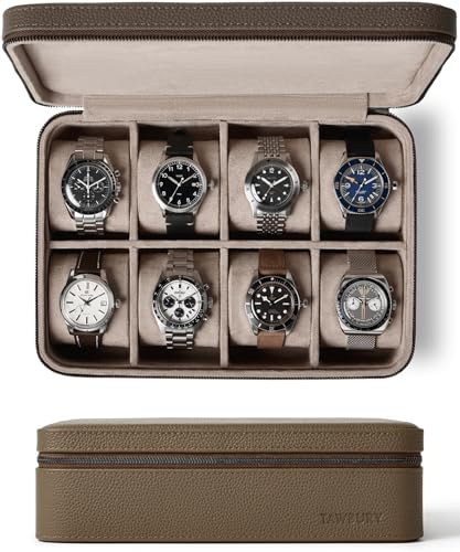 TAWBURY Watch Case - 8 Slot Genuine Top-Grain Leather Watch Box for Men & Women with Extra Wide Pillows for Large Watches - Portable Wristwatch Storage for Home & Travel (Taupe)