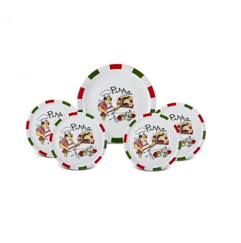 Karaca Napoly - Set per pizza in porcellana, 5 pezzi, per 4 persone, grande piatto per pizza (30 cm), 4 piatti piccoli per pizza (27 cm), bianco multicolore