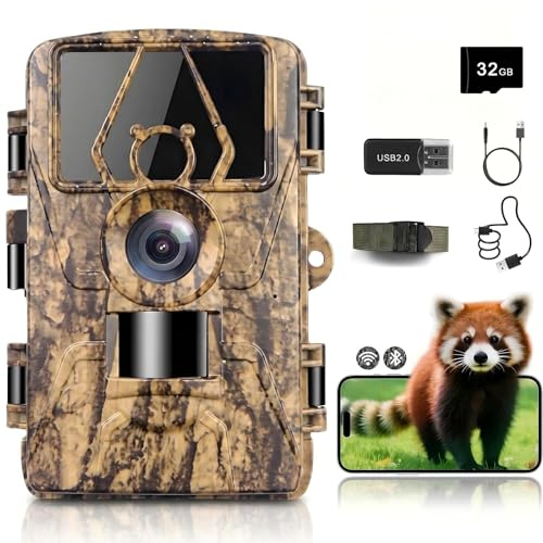 Caméra de chasse avec vidéo 8K, transmission Wi-Fi Full HD 60 MP, détecteur de mouvement et vision nocturne – Caméra infrarouge pour animaux sauvages, temps de déclenchement de 0,1 s, avec carte