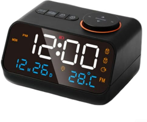 Moderno reloj despertador con radio FM, con pantalla LED, monitor de tiempo, temperatura y humedad, diseño compacto para mesita de noche (negro)