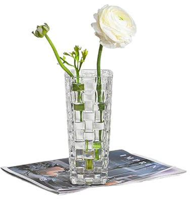 Clear Glass Vase for Flowers Innjoii - Rectangle 15cm Square Embossed Glass Bud Vases Small Vase for Flowers, Plant Terrarium, Candle Holder Water Glasses for Wedding Centerpiece,Office, Table, Rattan