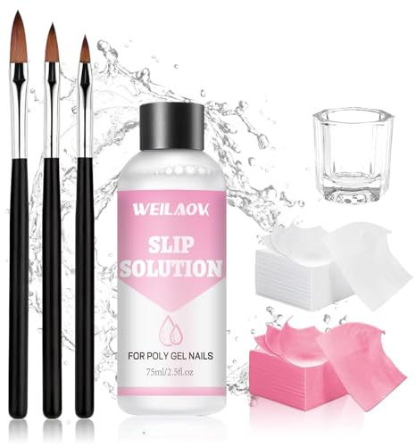 WEILAOK Slip Solution Polygel, Slip Solution, halkfri polygellösning, innehåller 3 borstar, 1 kristallkopp, 100 rengöringsblad, lämplig för alla typer av trycknaglar, 75 ml