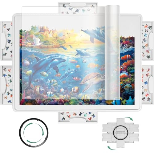 Truwheelz 1500 pièces Plateau de Puzzle Rotatif en Plastique avec 6 tiroirs coulissants et Couvercle de Protection, Design Lazy Susan à 360°, Table de Puzzle Portable 87 x 67 cm pour Adultes et Maman