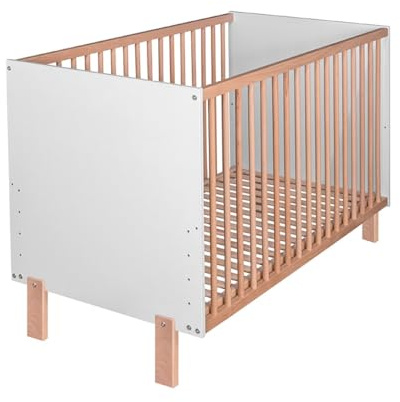 MATTI Lit bébé évolutif à barreaux Pieds Droits Vernis écologique Design Moderne Blanc/Bois 120x60 cm