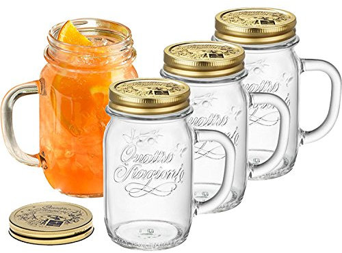 Bormioli Rocco Italian manico in vetro barattolo, tazze, 396,9 gram (4 pezzi), colore: Oro, con coperchio e panno