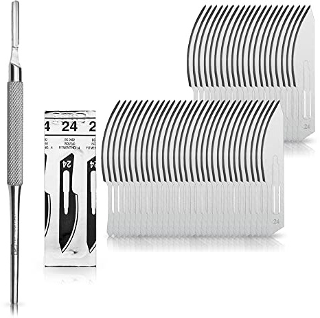 Set avec 50 x lames de scalpel N° 24 - Lame stérile en acier au carbone et 1 x May - manche de scalpel Figure N° 4 avec manche rond en acier inoxydable